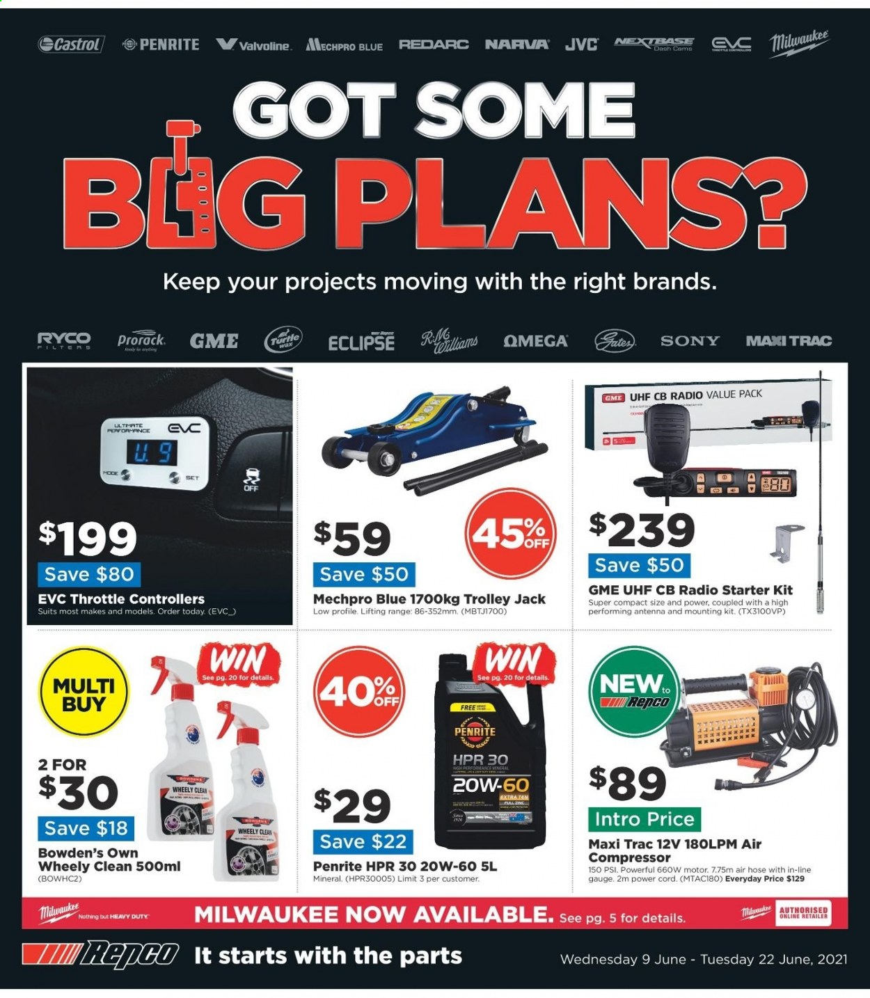 thumbnail - Repco Catalogue - 9 Jun 2021 - 22 Jun 2021 - Sales products - Sony, JVC, Milwaukee, trolley, air hose, Mechpro Blue, air compressor, Bowden's, Eclipse, Penrite, Valvoline, Castrol. Page 1.