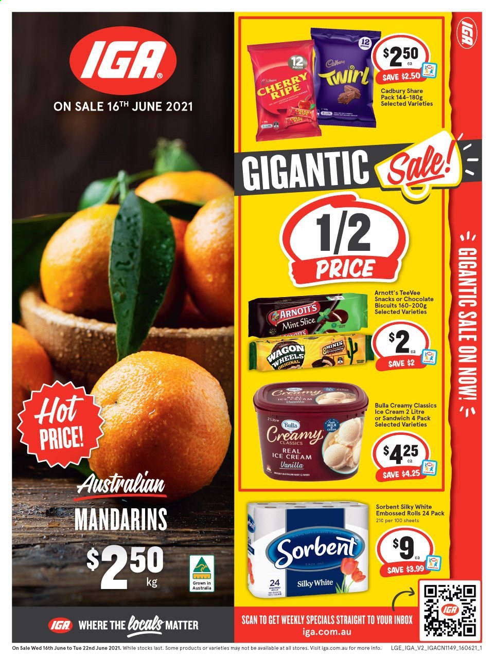 thumbnail - IGA Catalogue - 16 Jun 2021 - 22 Jun 2021 - Sales products - mandarines, cherries, sandwich, ice cream, snack, biscuit, Cadbury. Page 1.
