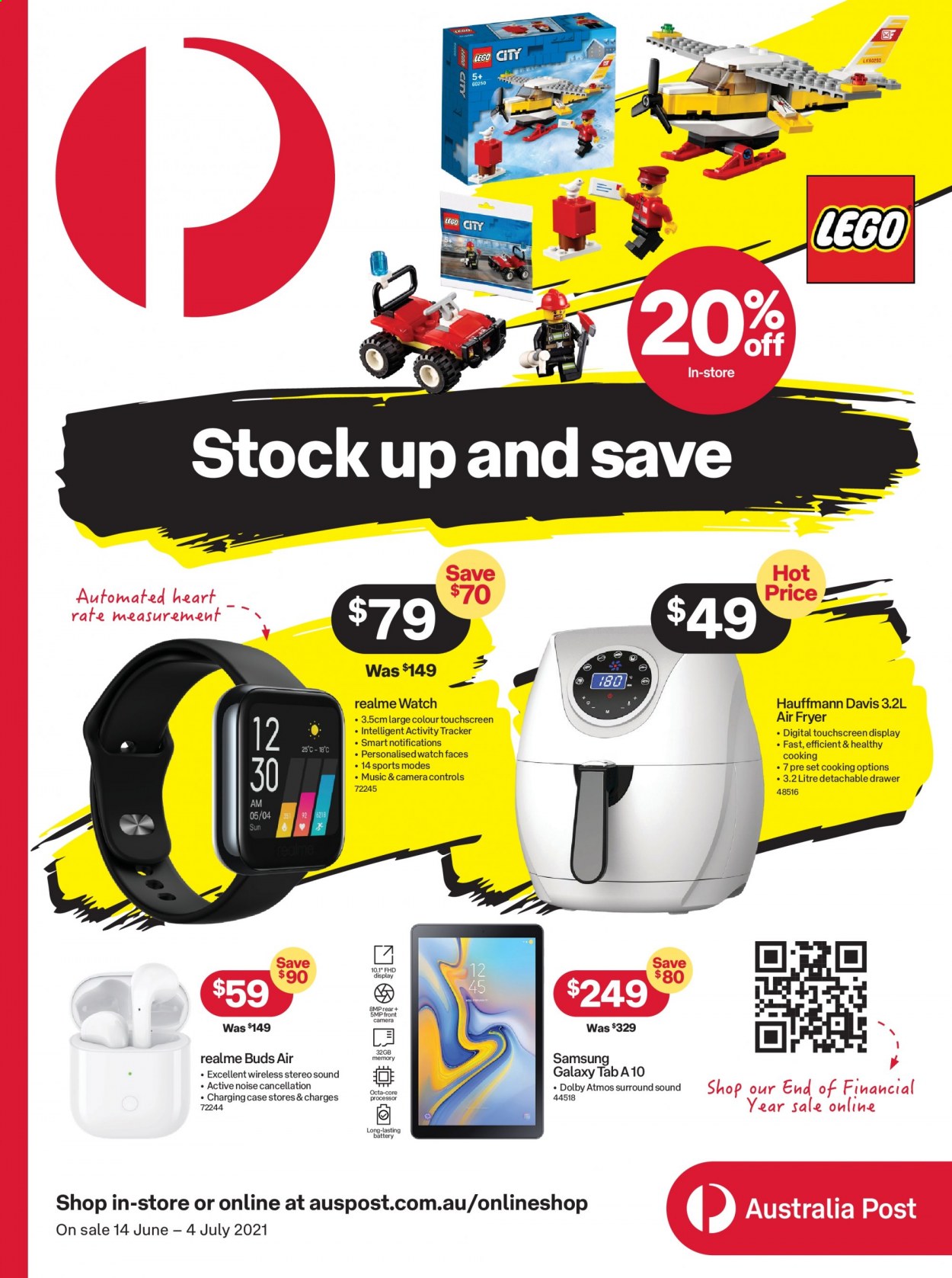thumbnail - Australia Post Catalogue - 14 Jun 2021 - 4 Jul 2021 - Sales products - Samsung Galaxy, Samsung Galaxy Tab, battery, Samsung, Realme, activity tracker, air fryer, LEGO, LEGO City. Page 1.