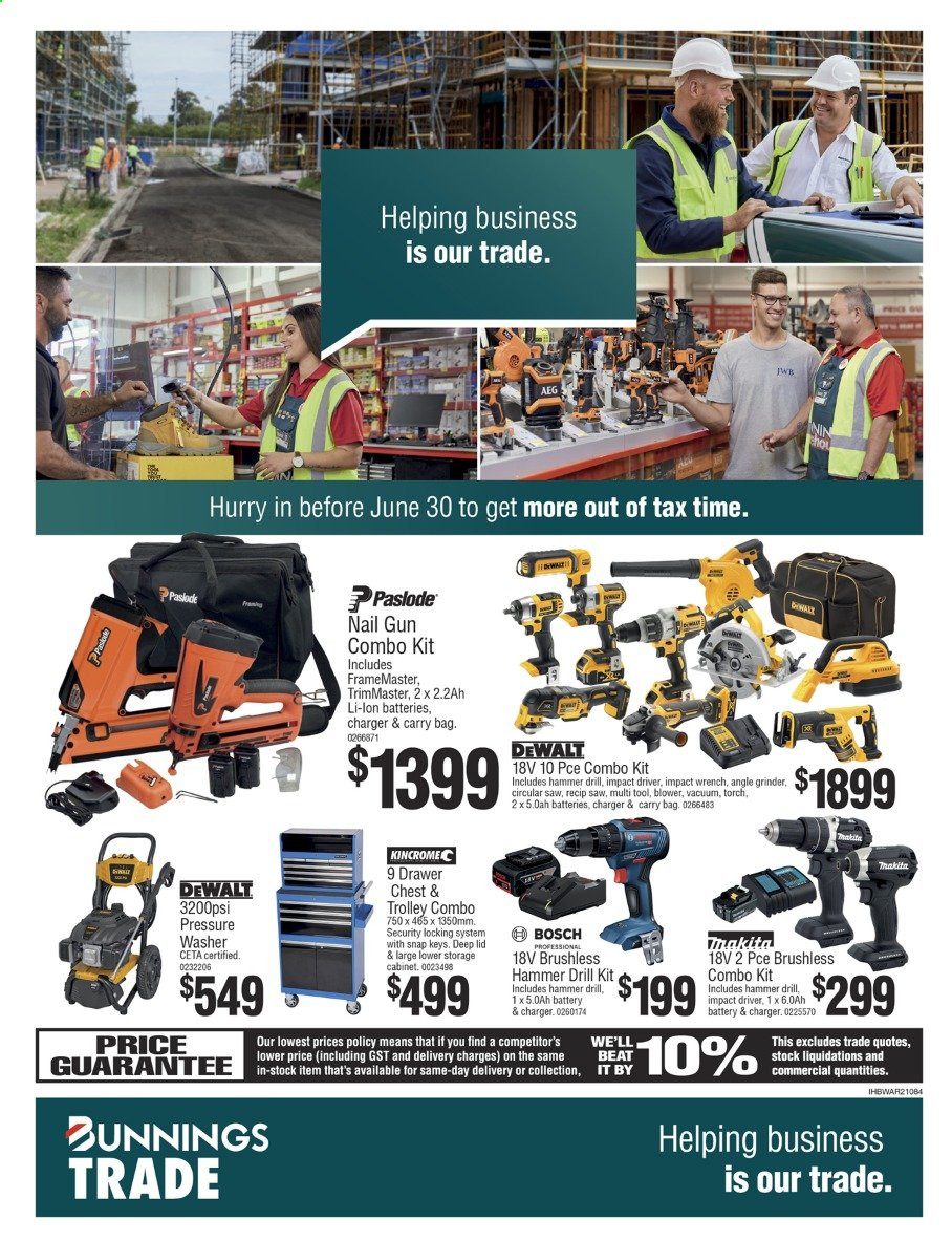 Bunnings Warehouse Catalogue - 16 Jun 2021 - 5 Jul 2021 - Sales products - cabinet, trolley, lid, grinder, AEG, Bosch, DeWALT, drill, impact driver, hammer, circular saw, saw, angle grinder, wrench, combo kit, blower, pressure washer, trolley combo, tool cabinets. Page 1.