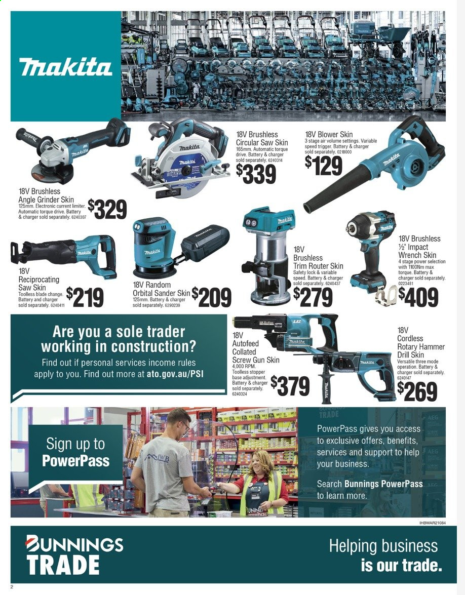 thumbnail - Bunnings Warehouse Catalogue - 16 Jun 2021 - 5 Jul 2021 - Sales products - grinder, AEG, drill, hammer, Makita, circular saw, saw, angle grinder, reciprocating saw, wrench, blower. Page 2.