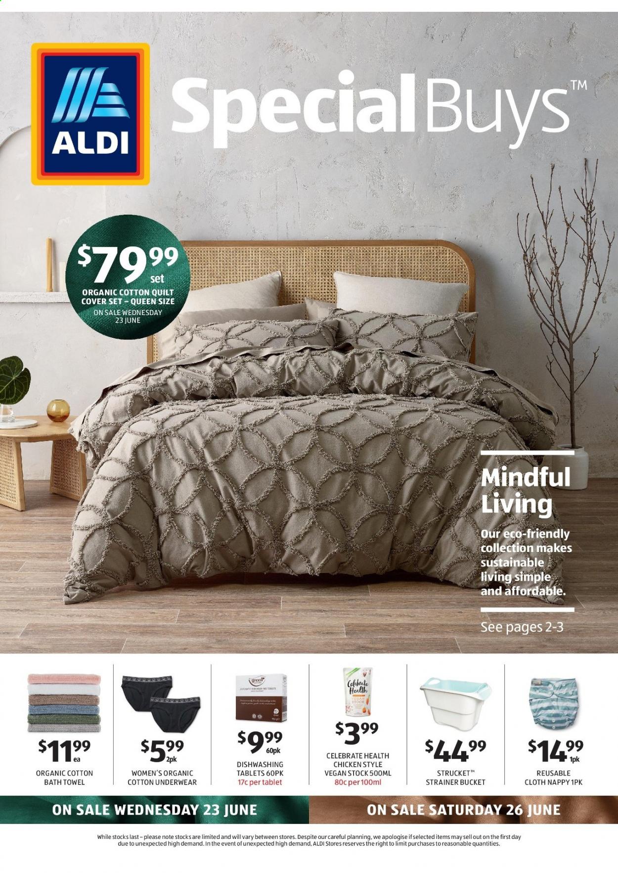 thumbnail - ALDI Catalogue - 23 Jun 2021 - 29 Jun 2021 - Sales products - nappies, quilt, cotton quilt, quilt cover set, bath towel, towel, underwear. Page 1.