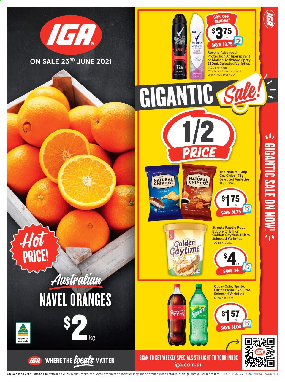 thumbnail - IGA Catalogue - 23 Jun 2021 - 29 Jun 2021 - Sales products - oranges, navel oranges, Golden Gaytime, chips, honey, Coca-Cola, Sprite, Fanta, anti-perspirant, Rexona. Page 1.