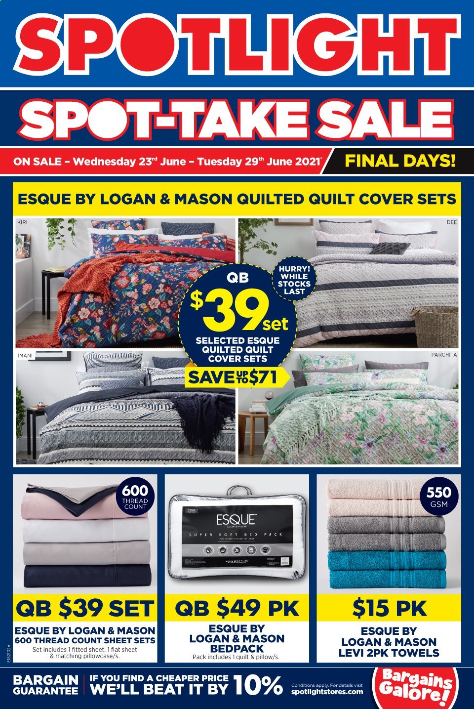 thumbnail - Spotlight Catalogue - 23 Jun 2021 - 29 Jun 2021 - Sales products - pillow, pillowcase, quilt, towel. Page 1.