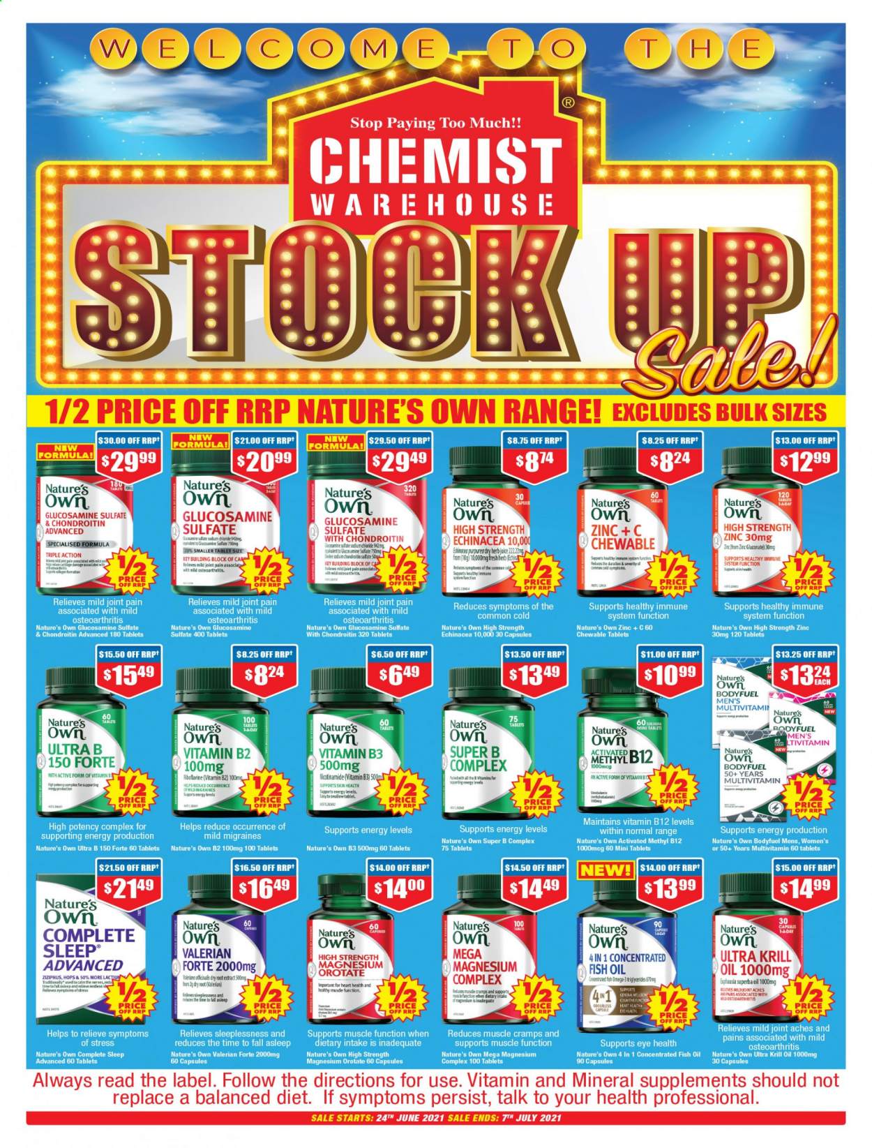 thumbnail - Chemist Warehouse Catalogue - 24 Jun 2021 - 7 Jul 2021 - Sales products - fish oil, glucosamine, magnesium, multivitamin, Omega-3, zinc, vitamin B12, Nature's Own, B-complex supplements. Page 1.