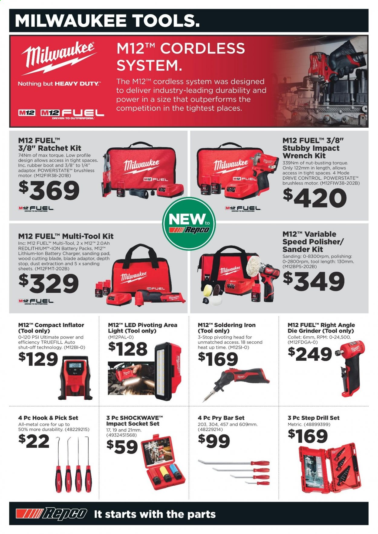 thumbnail - Repco Catalogue - 25 Jun 2021 - 8 Jul 2021 - Sales products - pry bar, socket set, wrench, tool set, Milwaukee, soldering iron, sanding pad, battery charger. Page 4.