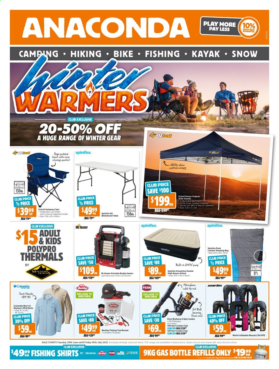 thumbnail - Anaconda Catalogue - 29 Jun 2021 - 16 Jul 2021 - Sales products - Columbia, shirt, kayak, marlin, sleeping bag, holder, reel, fishing rod, gas bottle, Penn, pump. Page 1.
