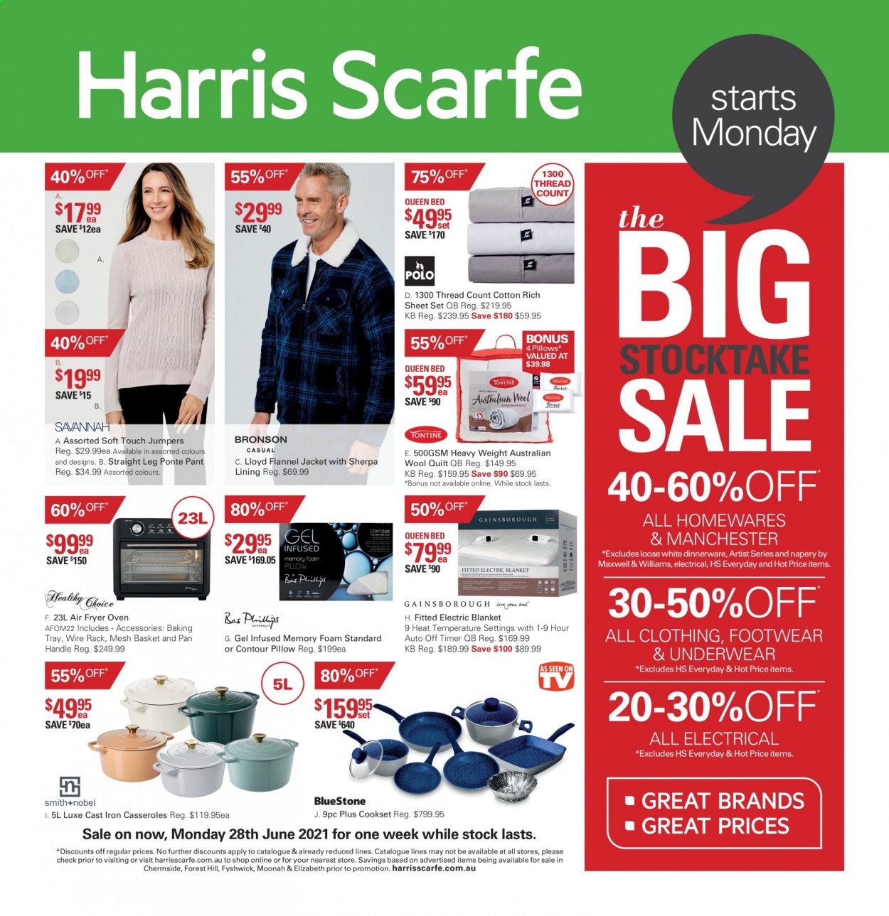 thumbnail - Harris Scarfe Catalogue - Sales products - basket, dinnerware set, pan, baking tray, blanket, pillow, quilt, wool quilt, oven, electric blanket, jacket, underwear. Page 1.