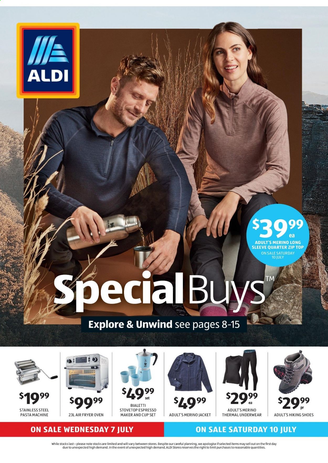 thumbnail - ALDI Catalogue - 7 Jul 2021 - 13 Jul 2021 - Sales products - shoes, hiking shoes, pasta, cup, jacket, underwear. Page 1.