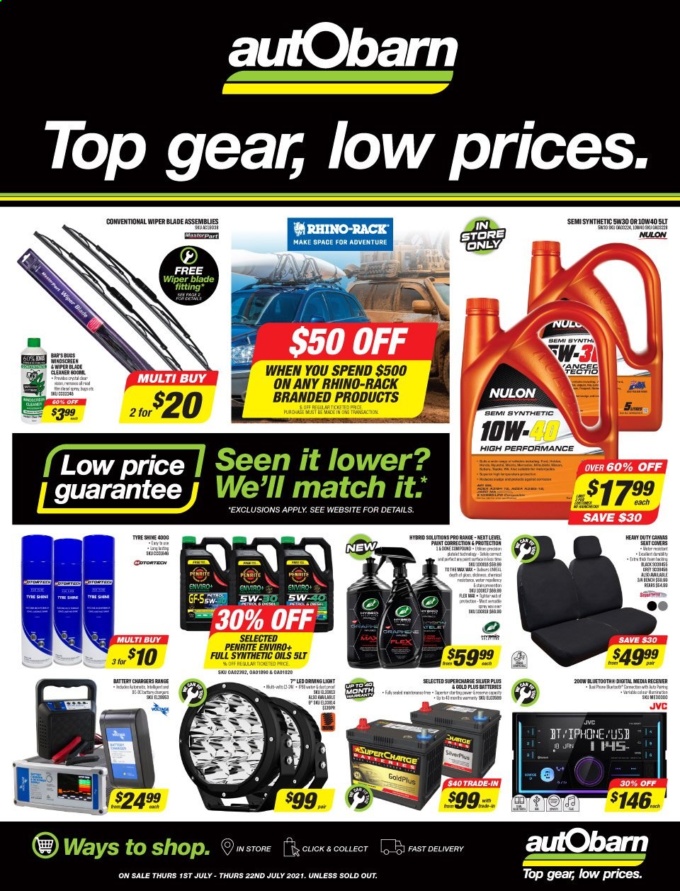 thumbnail - Autobarn Catalogue - 1 Jul 2021 - 22 Jul 2021 - Sales products - wiper blades, car seat cover, battery charger, cleaner, tyre shine, Nulon, Penrite. Page 1.