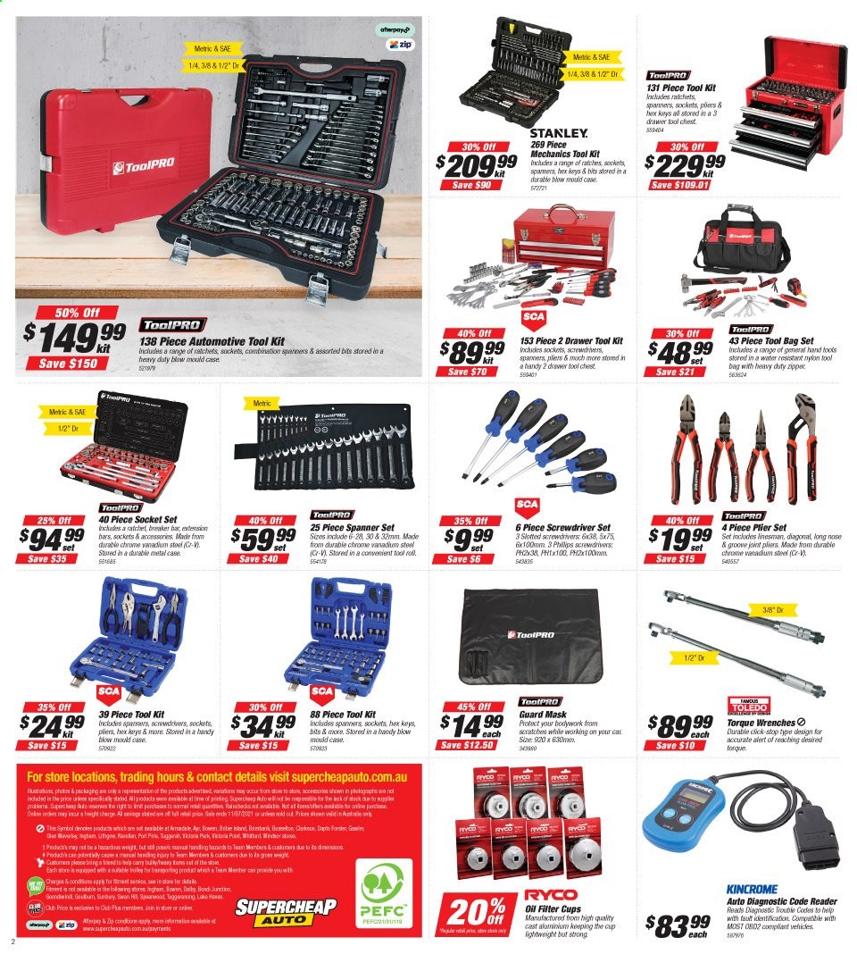 thumbnail - Supercheap Auto Catalogue - 1 Jul 2021 - 11 Jul 2021 - Sales products - Stanley, screwdriver, pliers, socket set, spanner, tool set, tool chest, screwdriver set, torque wrench, hand tools, tool bag, oil filter, bag. Page 2.