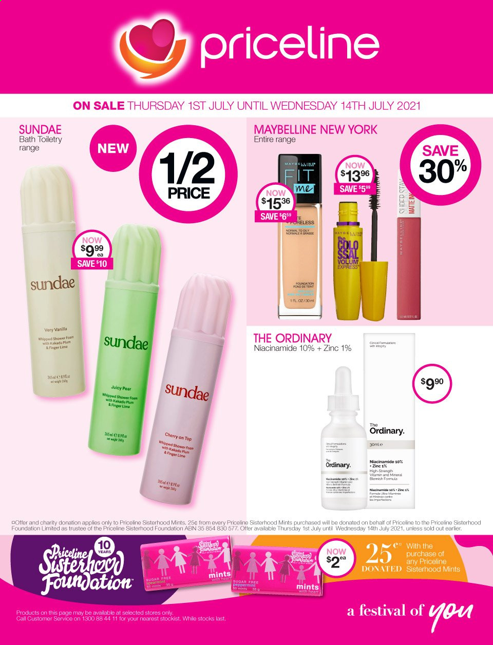 thumbnail - Priceline Pharmacy Catalogue - 1 Jul 2021 - 14 Jul 2021 - Sales products - The Ordinary, Niacinamide, Maybelline, zinc. Page 1.