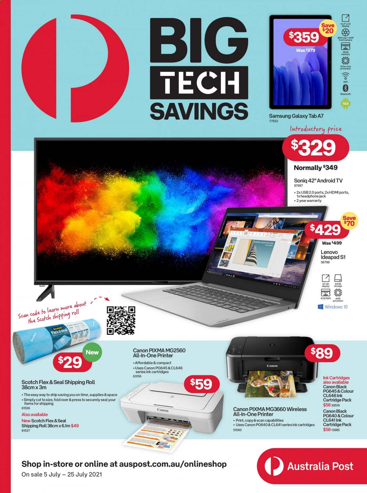 thumbnail - Australia Post Catalogue - 5 Jul 2021 - 25 Jul 2021 - Sales products - Lenovo, Samsung Galaxy, Samsung Galaxy Tab, Samsung, Canon, Android TV, TV, headphones, all-in-one printer, printer, cartridge. Page 1.