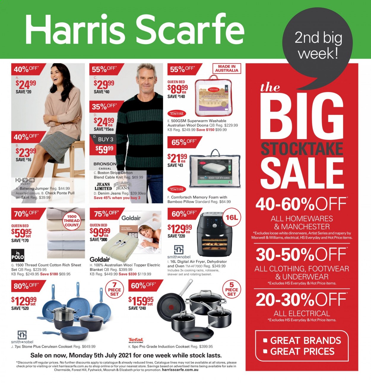 thumbnail - Harris Scarfe Catalogue - Sales products - basket, dinnerware set, blanket, pillow, oven, air fryer, dehydrator, jeans, Denim, skirt, underwear. Page 1.
