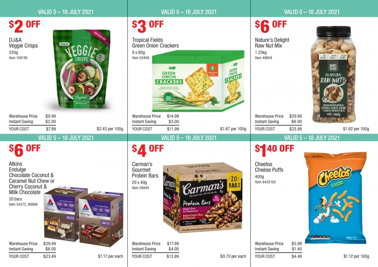 thumbnail - Costco Catalogue - 5 Jul 2021 - 18 Jul 2021 - Sales products - milk chocolate, chocolate, crackers, Cheetos, puffs, protein bar, caramel. Page 3.