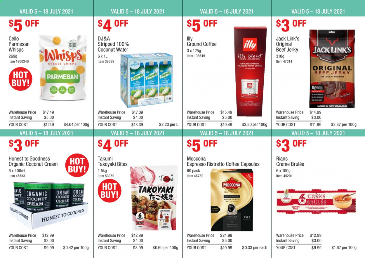 thumbnail - Costco Catalogue - 5 Jul 2021 - 18 Jul 2021 - Sales products - Jack Link's, coconut water, coffee, ground coffee, Moccona, coffee capsules, Illy, Cello. Page 4.