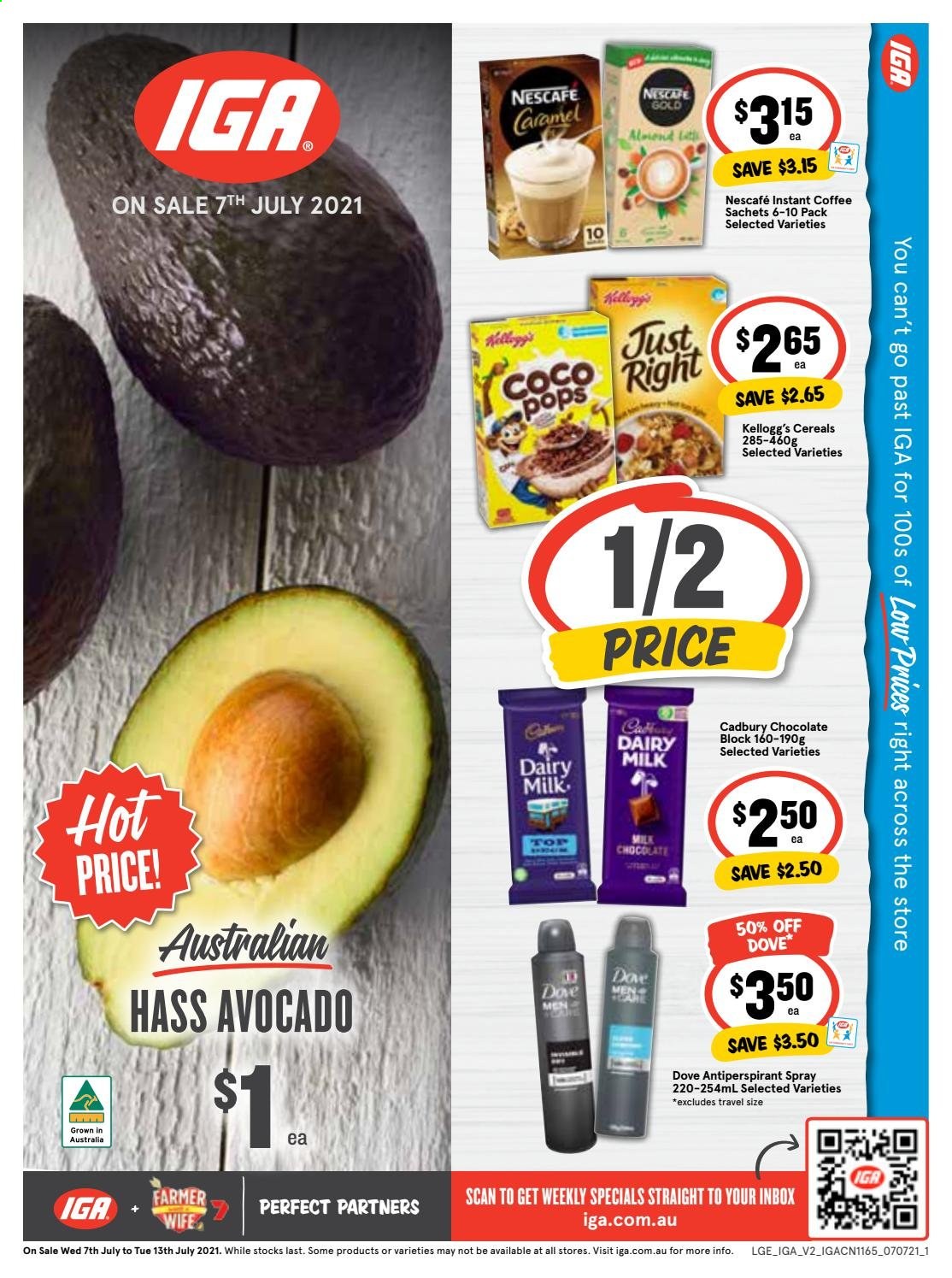 thumbnail - IGA Catalogue - 7 Jul 2021 - 13 Jul 2021 - Sales products - avocado, milk chocolate, chocolate, Kellogg's, Cadbury, Dairy Milk, cereals, coco pops, instant coffee, Nescafé, Dove, anti-perspirant. Page 1.