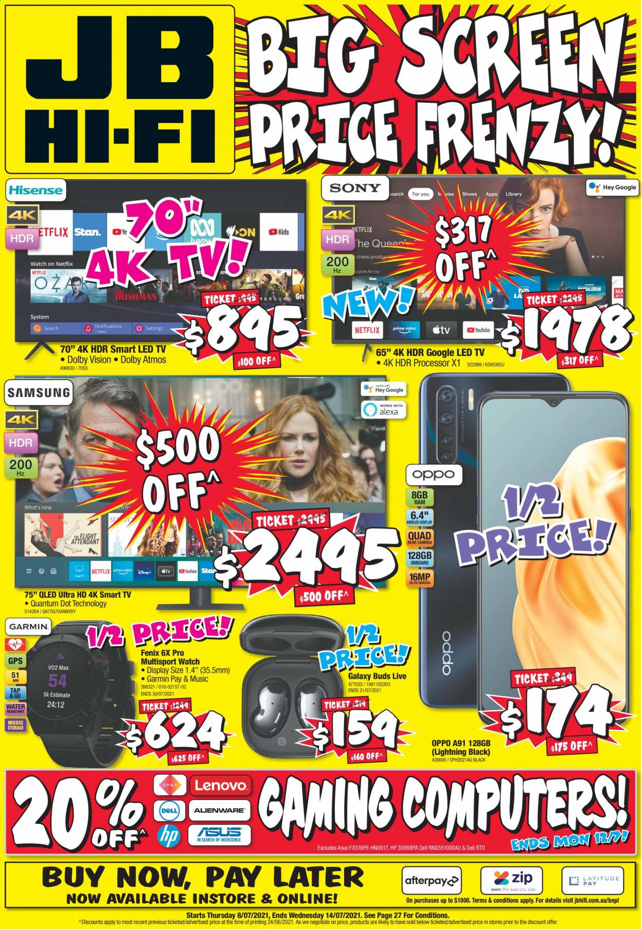thumbnail - JB Hi-Fi Catalogue - 8 Jul 2021 - 14 Jul 2021 - Sales products - Dell, Asus, Hewlett Packard, Oppo, Garmin, camera, LED TV, smart tv, UHD TV, ultra hd, TV. Page 1.