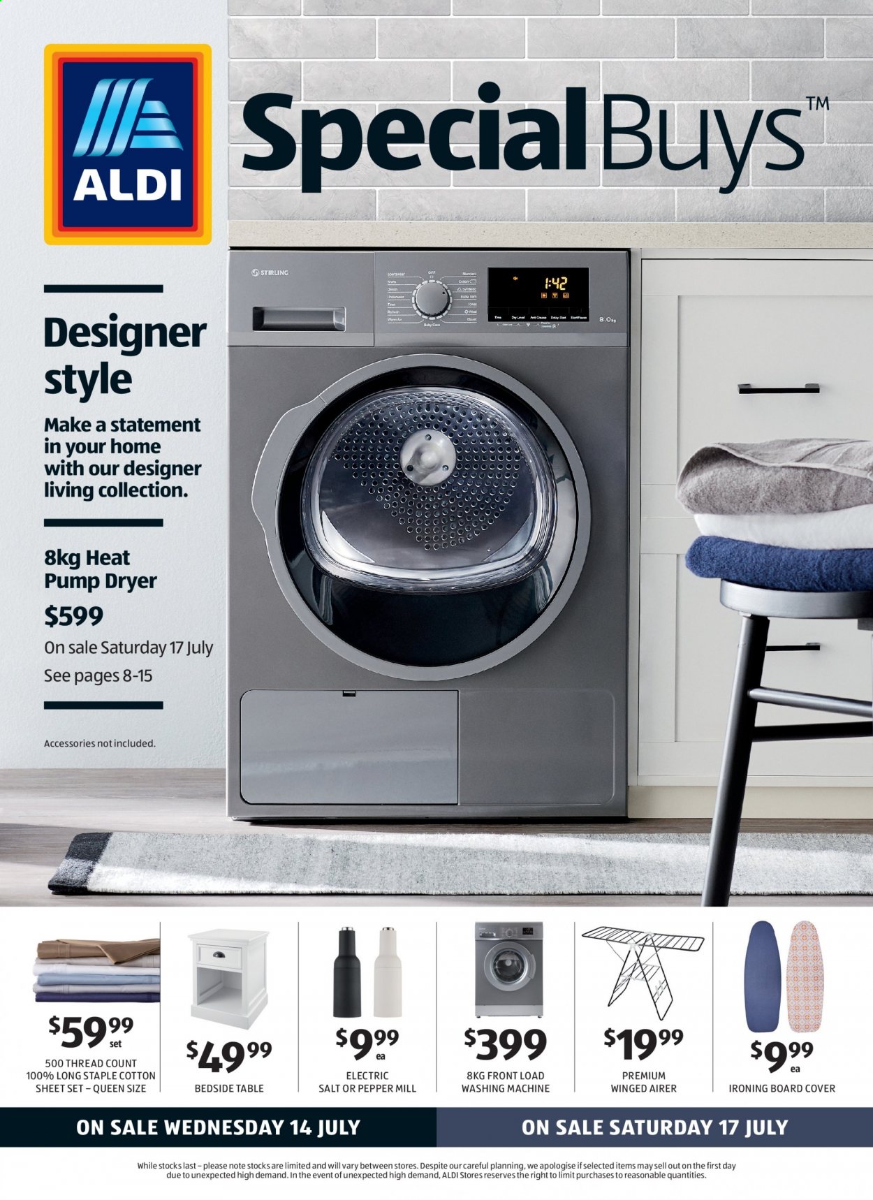 thumbnail - ALDI Catalogue - 14 Jul 2021 - 20 Jul 2021 - Sales products - salt, ironing board, airer, table, pump. Page 1.