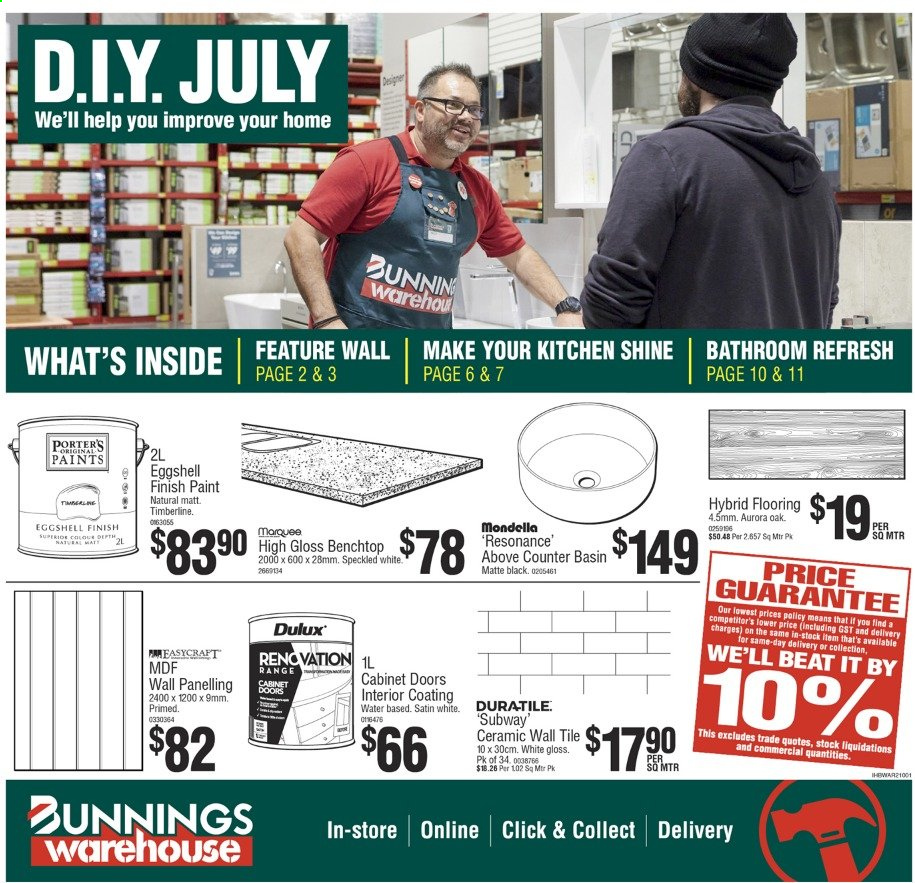 thumbnail - Bunnings Warehouse Catalogue - 30 Jun 2021 - 31 Jul 2021 - Sales products - cabinet, paint, Dulux, flooring, door. Page 1.