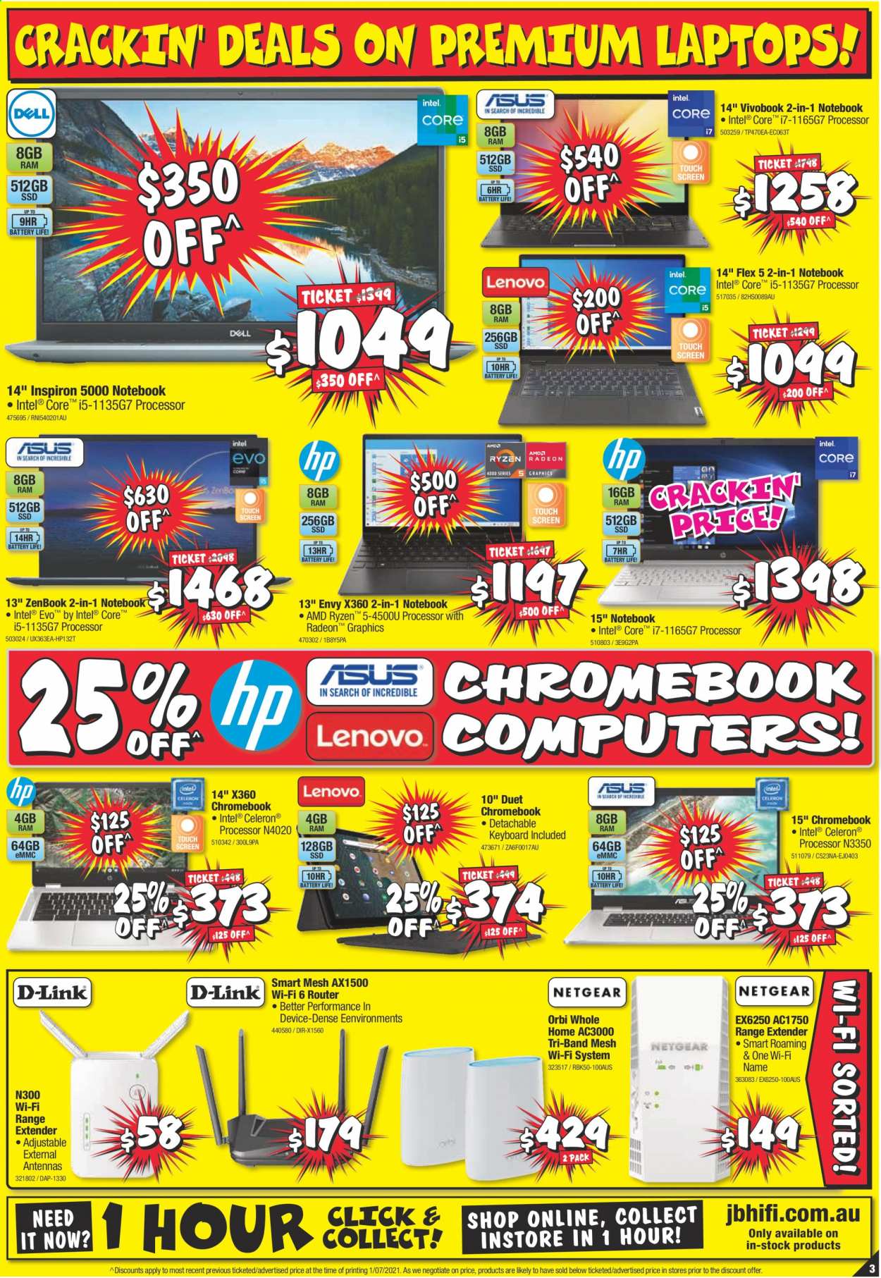 thumbnail - JB Hi-Fi Catalogue - 15 Jul 2021 - 21 Jul 2021 - Sales products - Intel, range extender, wifi router, laptop, chromebook, Inspiron, keyboard, Orbi. Page 3.