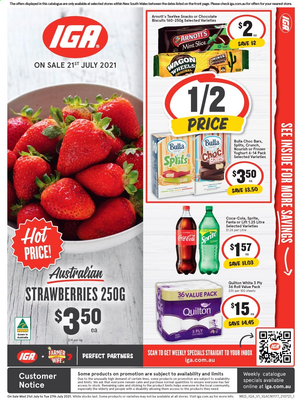 thumbnail - IGA Catalogue - 21 Jul 2021 - 27 Jul 2021 - Sales products - strawberries, yoghurt, frozen yoghurt, chocolate, snack, biscuit, Coca-Cola, Sprite, Fanta, Quilton. Page 1.