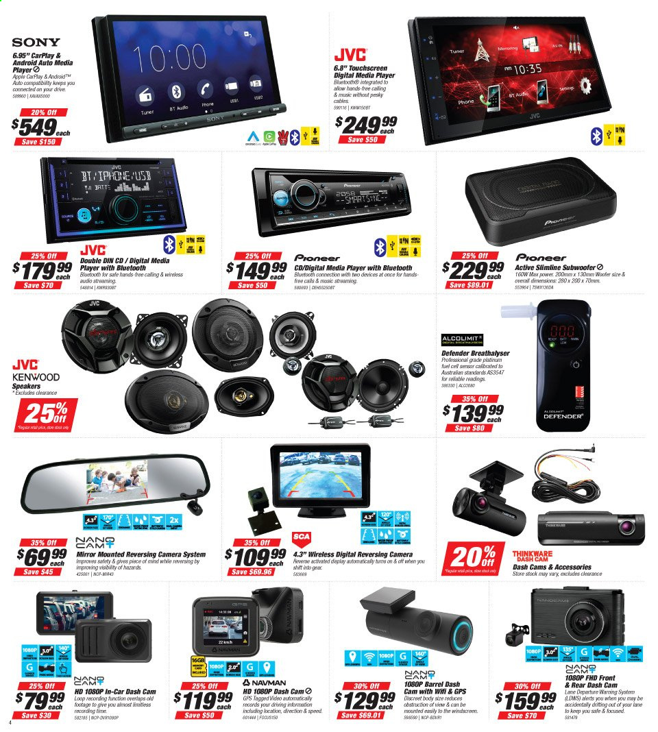 thumbnail - Supercheap Auto Catalogue - 22 Jul 2021 - 1 Aug 2021 - Sales products - Sony, Pioneer, JVC, media player, dashboard camera, reversing camera, Kenwood. Page 4.