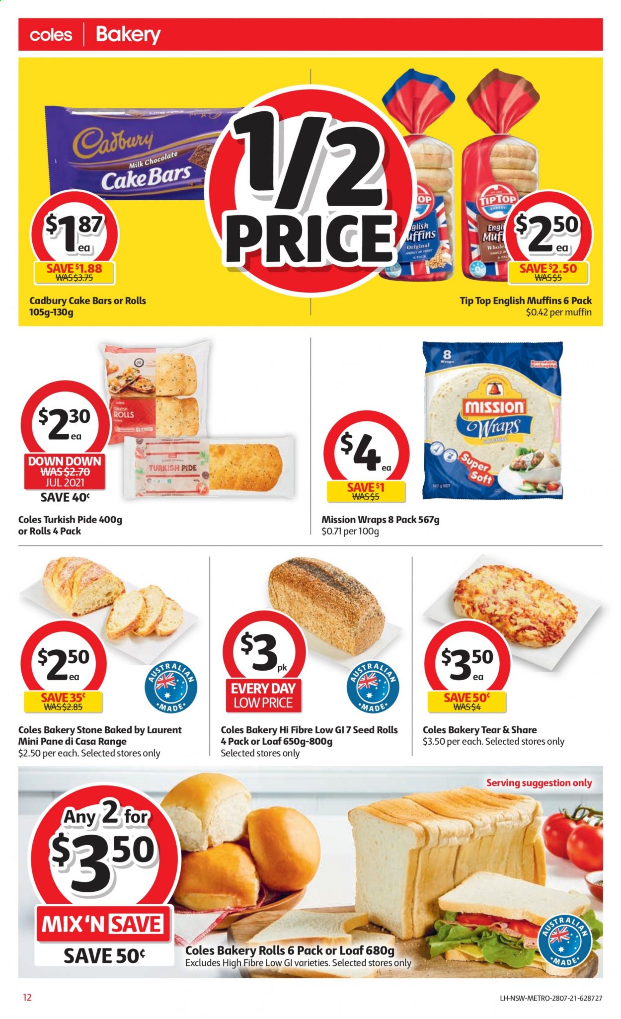 thumbnail - Coles Catalogue - 28 Jul 2021 - 3 Aug 2021 - Sales products - bread, english muffins, Tip Top, buns, wraps, savory pastry, pastries, snack bar, milk chocolate, Cadbury, bars, plant seeds. Page 12.