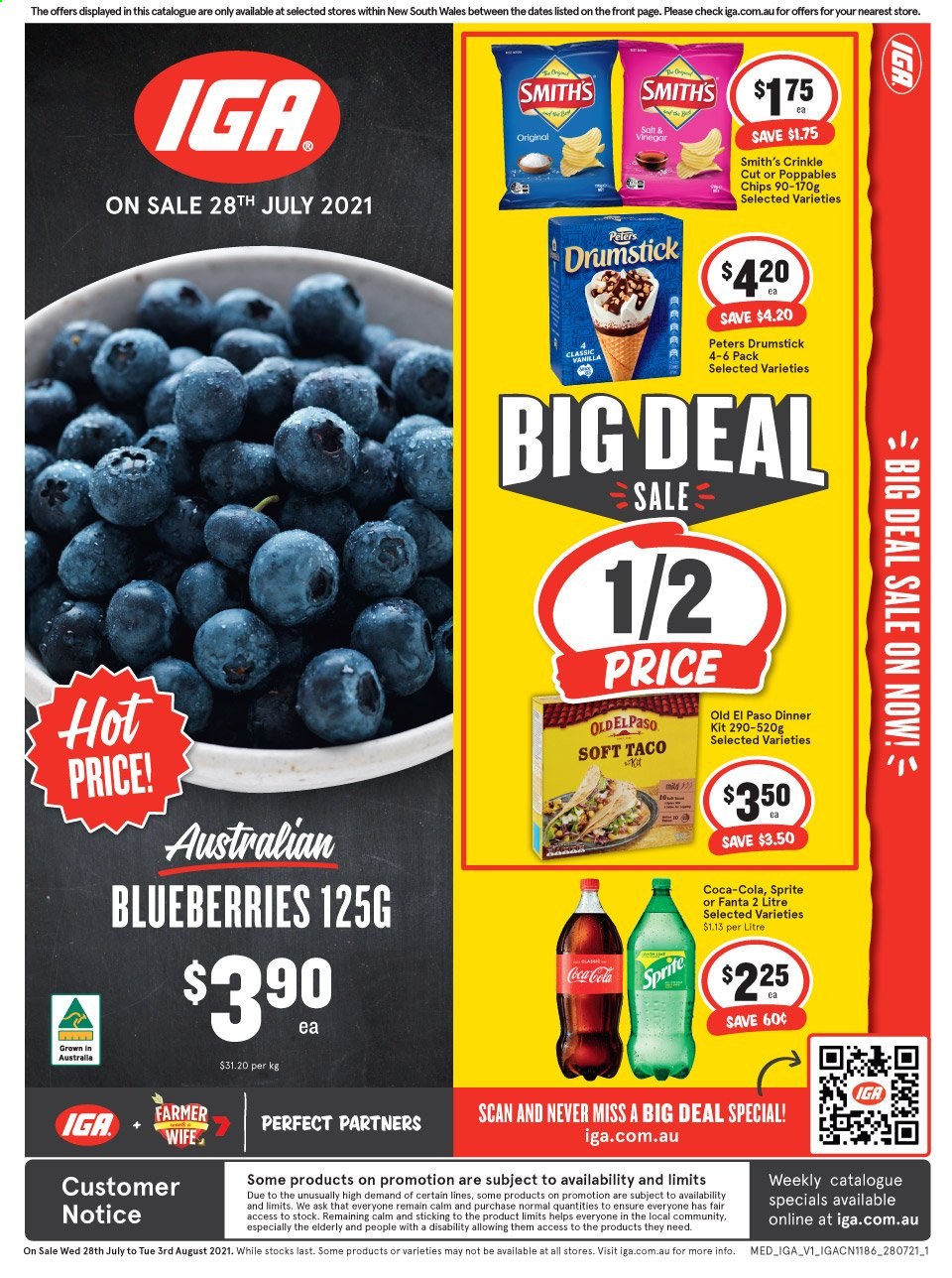 thumbnail - IGA Catalogue - 28 Jul 2021 - 3 Aug 2021 - Sales products - Old El Paso, blueberries, dinner kit, chips, Smith's, Coca-Cola, Sprite, Fanta. Page 1.