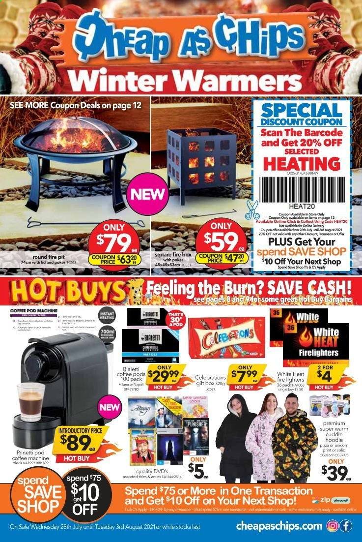 thumbnail - Cheap as Chips Catalogue - 28 Jul 2021 - 3 Aug 2021 - Sales products - coffee pods, gift box, DVD, Prinetti, coffee machine, firelighter. Page 1.