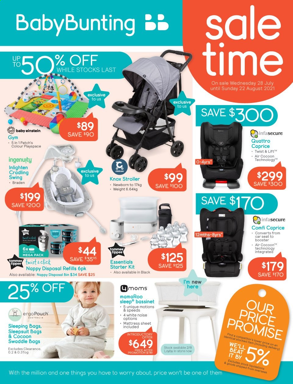 thumbnail - Baby Bunting Catalogue - 28 Jul 2021 - 22 Aug 2021 - Sales products - nappies, bag, sleepsuit, Ingenuity, Baby Einstein, baby stroller, baby car seat. Page 1.