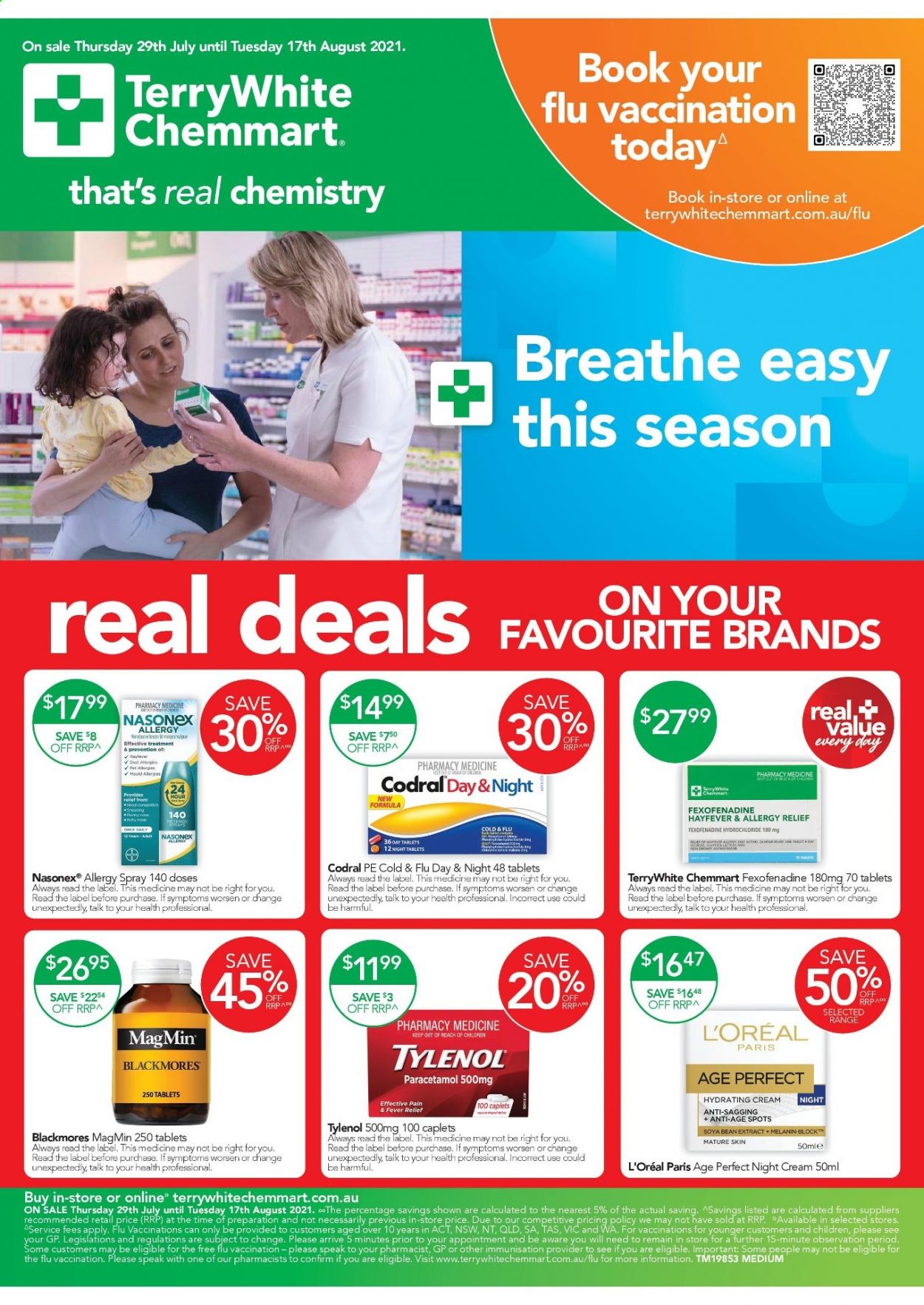 TerryWhite Chemmart Catalogue - 29 Jul 2021 - 17 Aug 2021 - Sales products - Nana, L’Oréal, night cream, Cold & Flu, Tylenol, Blackmores, Allergy Relief, Codral. Page 1.