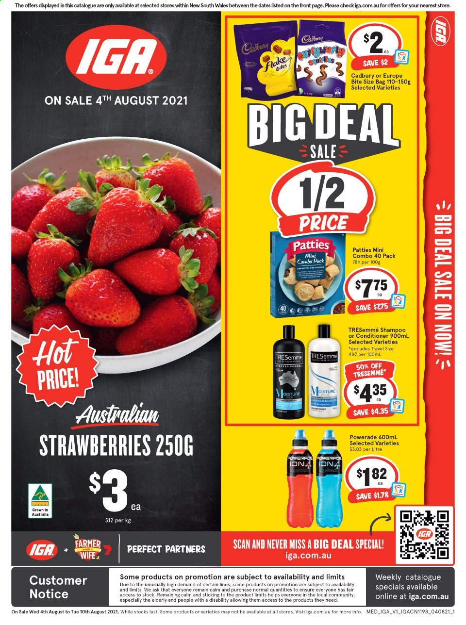 thumbnail - IGA Catalogue - 4 Aug 2021 - 10 Aug 2021 - Sales products - strawberries, Cadbury, Powerade, sake, shampoo, conditioner, TRESemmé. Page 1.