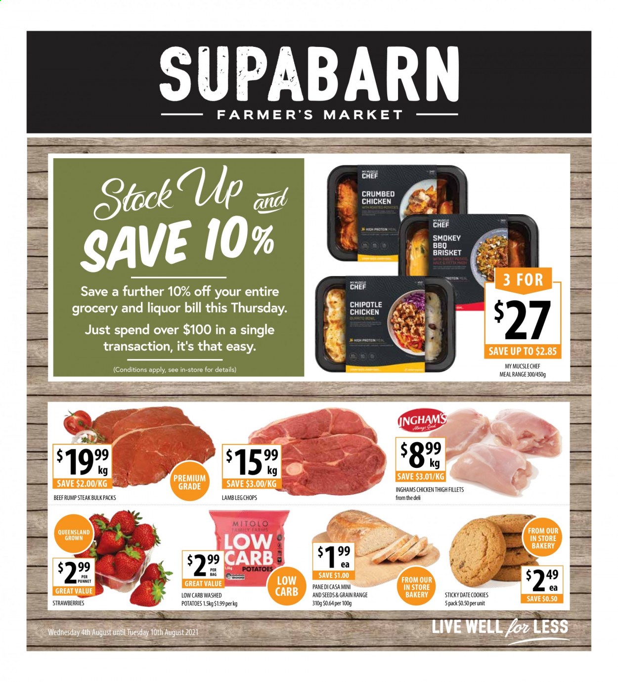 thumbnail - Supabarn Catalogue - 4 Aug 2021 - 10 Aug 2021 - Sales products - potatoes, strawberries, cookies, liquor, beef meat, steak, rump steak, lamb meat, lamb leg. Page 1.