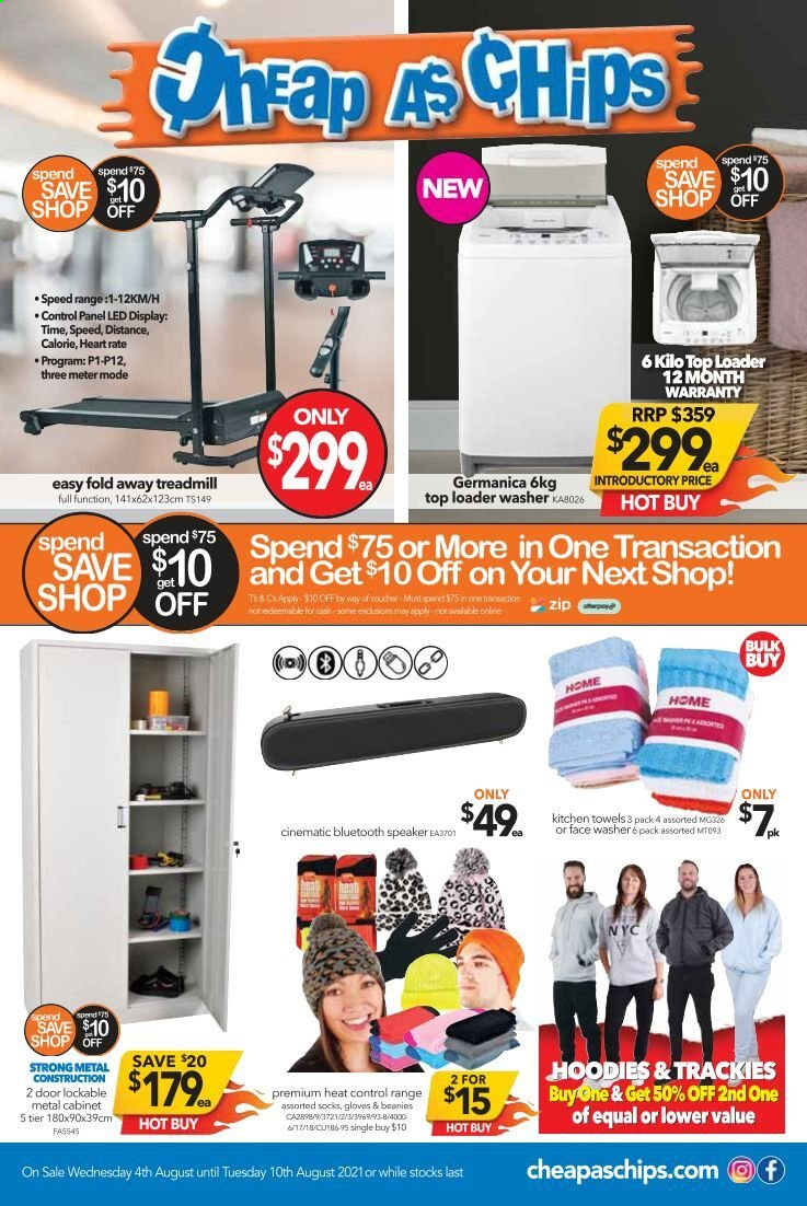 thumbnail - Cheap as Chips Catalogue - 4 Aug 2021 - 10 Aug 2021 - Sales products - cabinet, chips, kitchen towels, gloves, top loader, speaker, bluetooth speaker. Page 1.