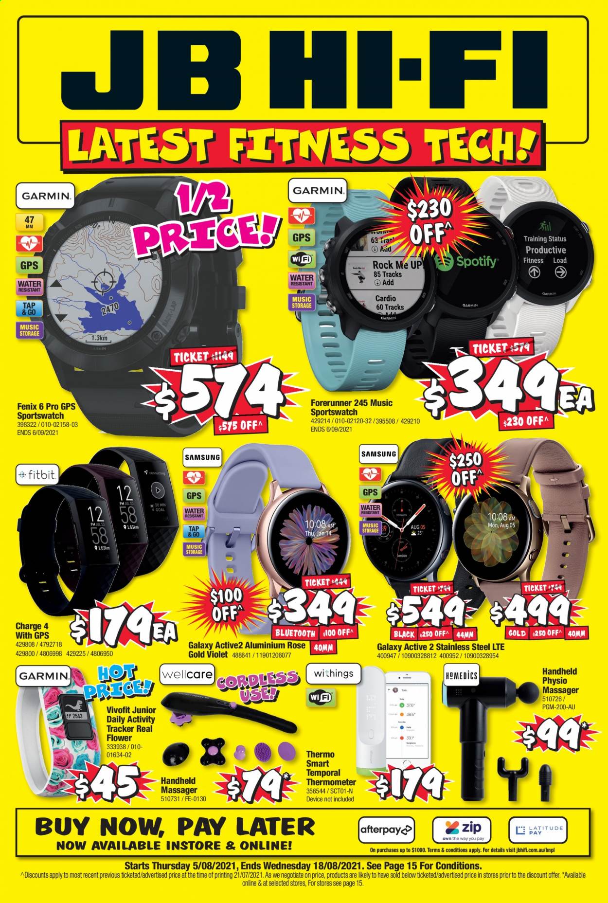 thumbnail - JB Hi-Fi Catalogue - 5 Aug 2021 - 18 Aug 2021 - Sales products - activity tracker, massager, handheld massager, thermometer. Page 1.