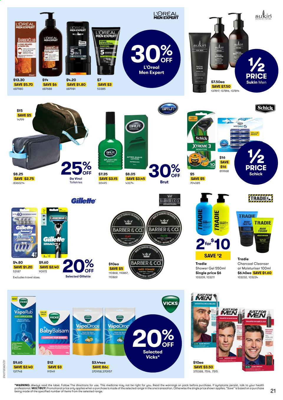 thumbnail - BIG W Catalogue - 12 Aug 2021 - 25 Aug 2021 - Sales products - shampoo, shower gel, face gel, cleanser, L’Oréal, L’Oréal Men, Sukin, after shave, Brut, Gillette, Schick, Vicks, Tradie. Page 21.