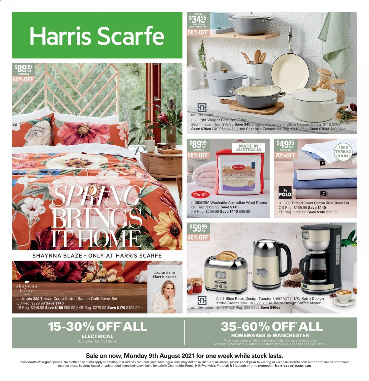 thumbnail - Harris Scarfe Catalogue - 9 Aug 2021 - 29 Aug 2021 - Sales products - dinnerware set, casserole, frying pan, diffuser, quilt, quilt cover set, coffee machine, toaster, kettle. Page 1.