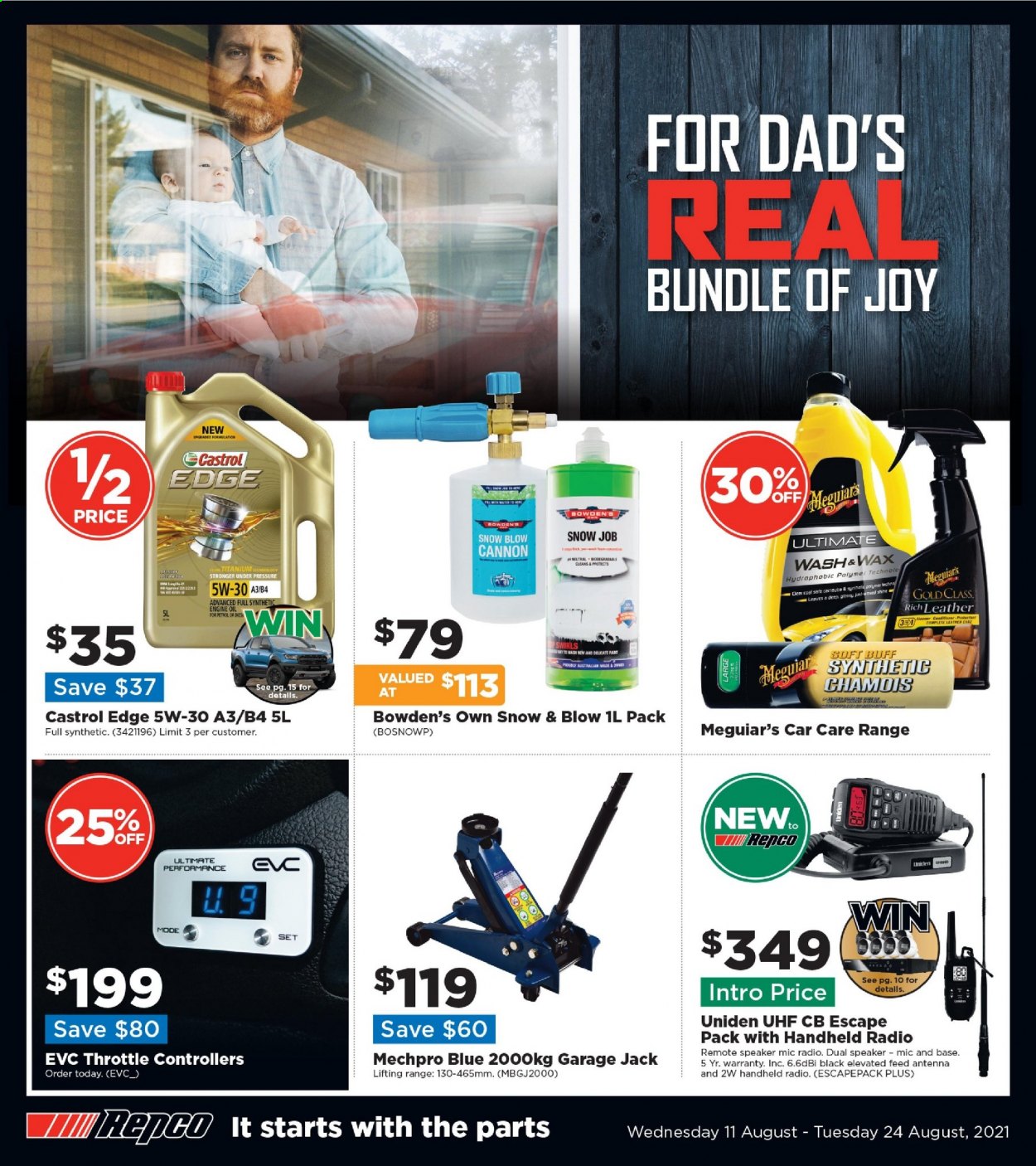 thumbnail - Repco Catalogue - 11 Aug 2021 - 24 Aug 2021 - Sales products - handheld radio, Uniden, speaker, antenna, Mechpro Blue, Bowden's, motor oil, Castrol. Page 1.