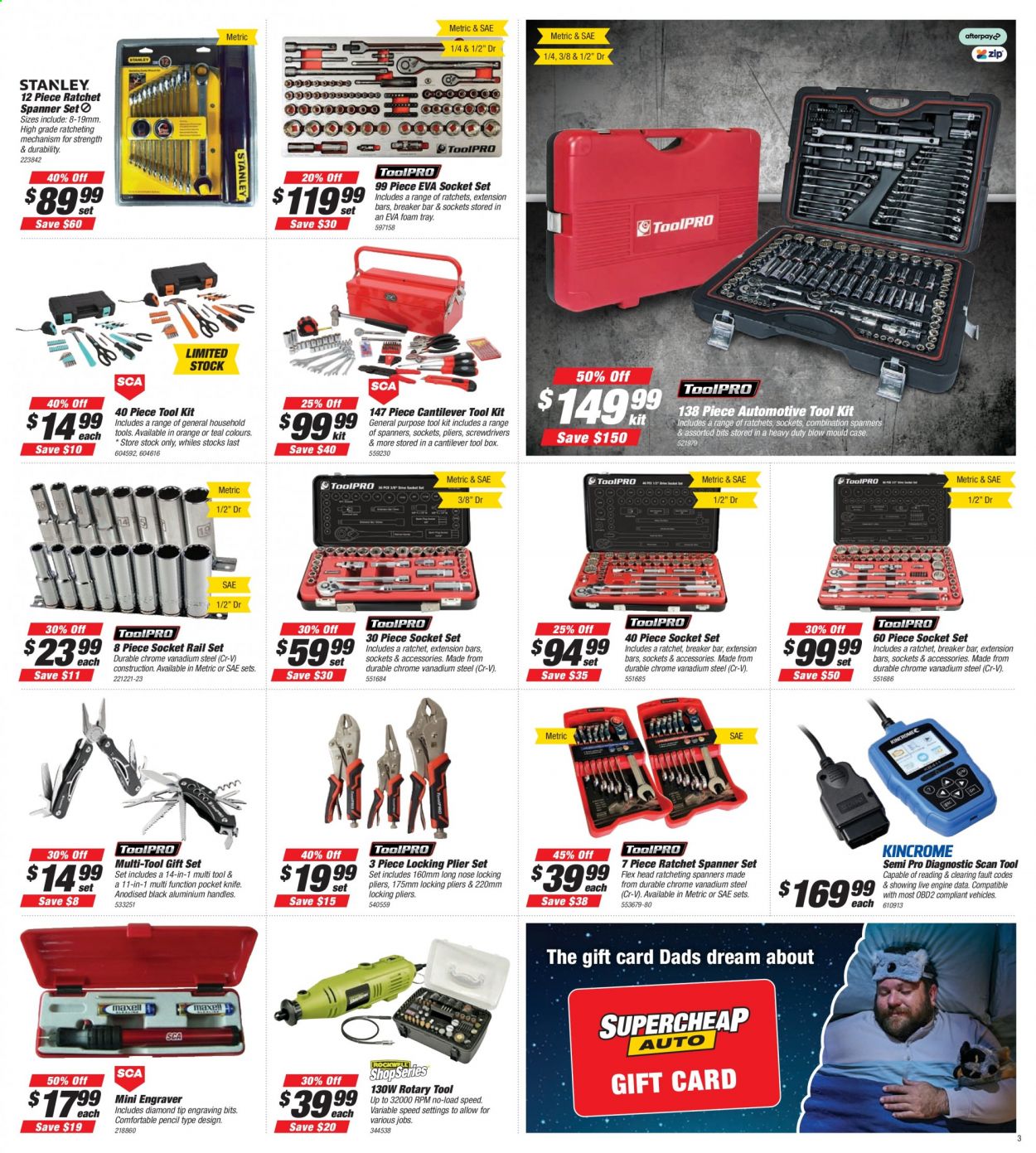 thumbnail - Supercheap Auto Catalogue - 12 Aug 2021 - 22 Aug 2021 - Sales products - Stanley, pliers, tool box, socket set, tool set, pocket knife. Page 3.