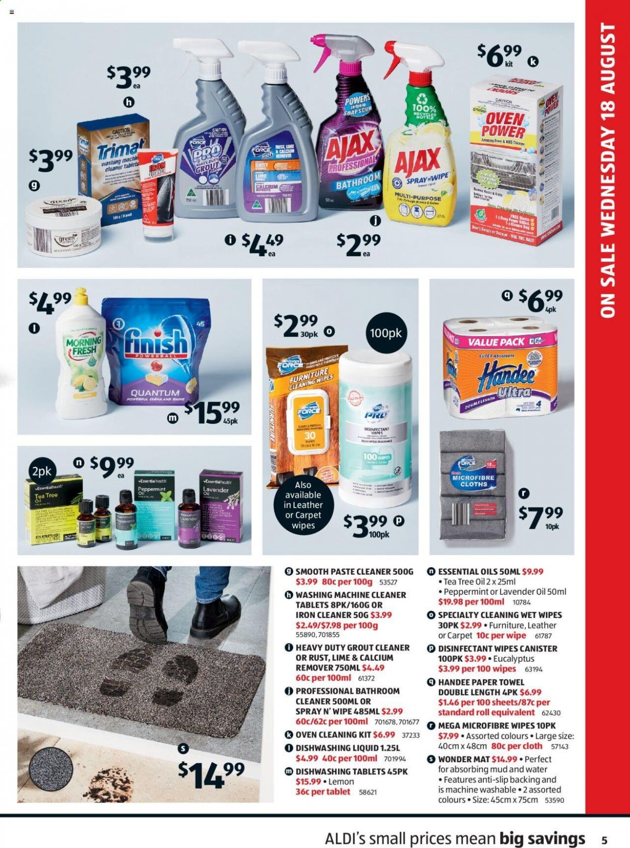 thumbnail - ALDI Catalogue - 18 Aug 2021 - 24 Aug 2021 - Sales products - oil, tea, cleansing wipes, wipes, Handee, paper towels, cleaner, desinfection, washing machine cleaner, Ajax, dishwashing liquid, soap, bag, canister, essential oils, iron, calcium, tea tree oil. Page 5.