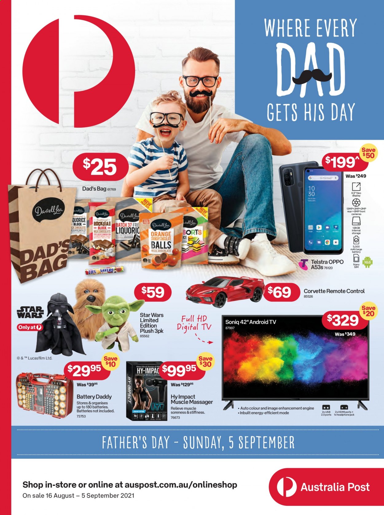 thumbnail - Australia Post Catalogue - 16 Aug 2021 - 5 Sep 2021 - Sales products - bag, Oppo, camera, Android TV, TV, headphones, remote control, massager. Page 1.