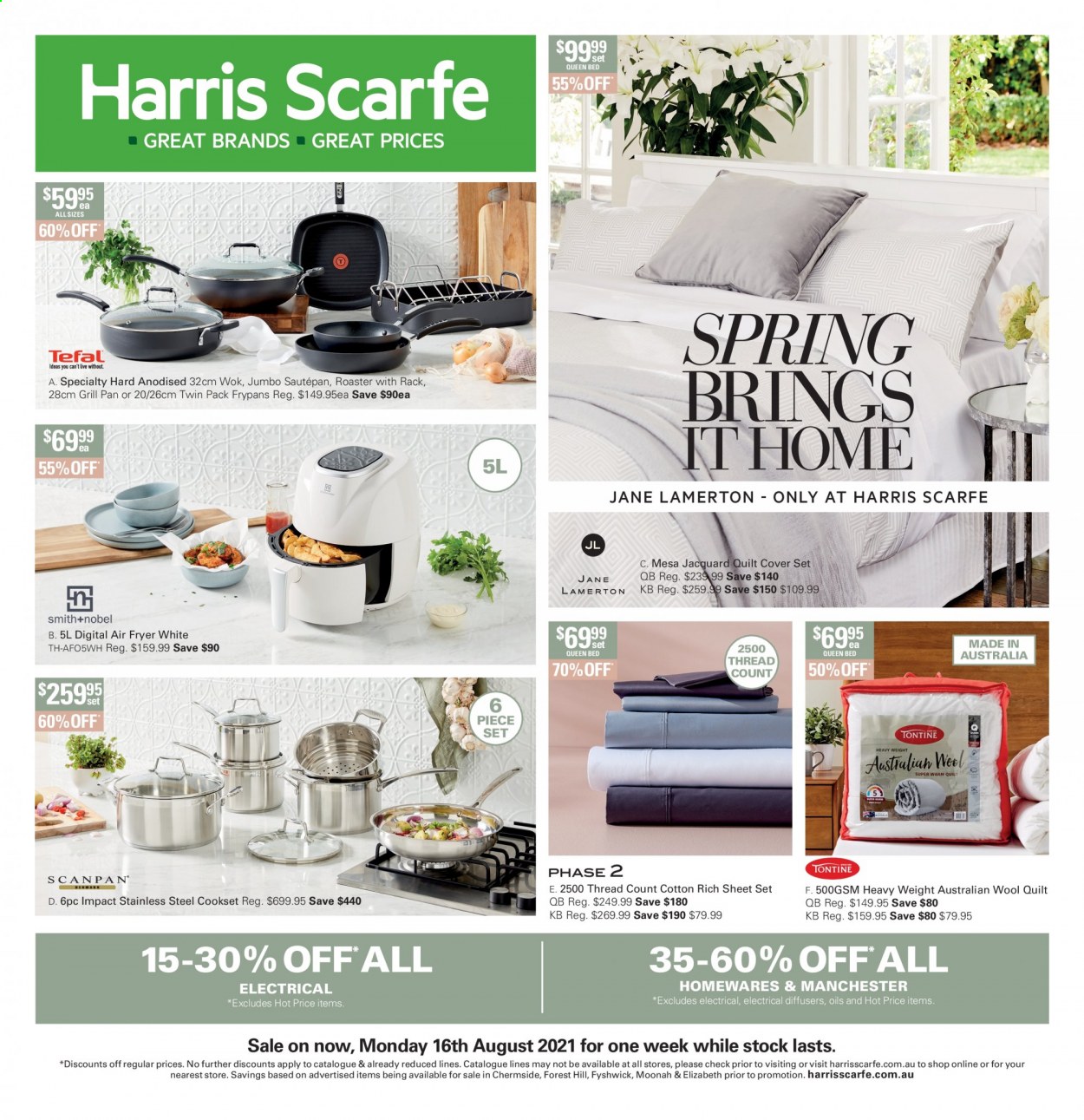 thumbnail - Harris Scarfe Catalogue - Sales products - Tefal, pan, wok, grill pan, Smith+Nobel, diffuser, quilt, wool quilt, quilt cover set, air fryer, roaster. Page 1.