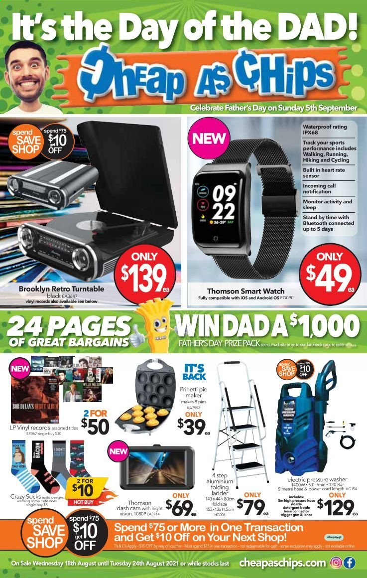 thumbnail - Cheap as Chips Catalogue - 18 Aug 2021 - 24 Aug 2021 - Sales products - detergent, Thomson, Prinetti, pie maker, ladder, electric pressure washer, pressure washer, dashboard camera. Page 1.