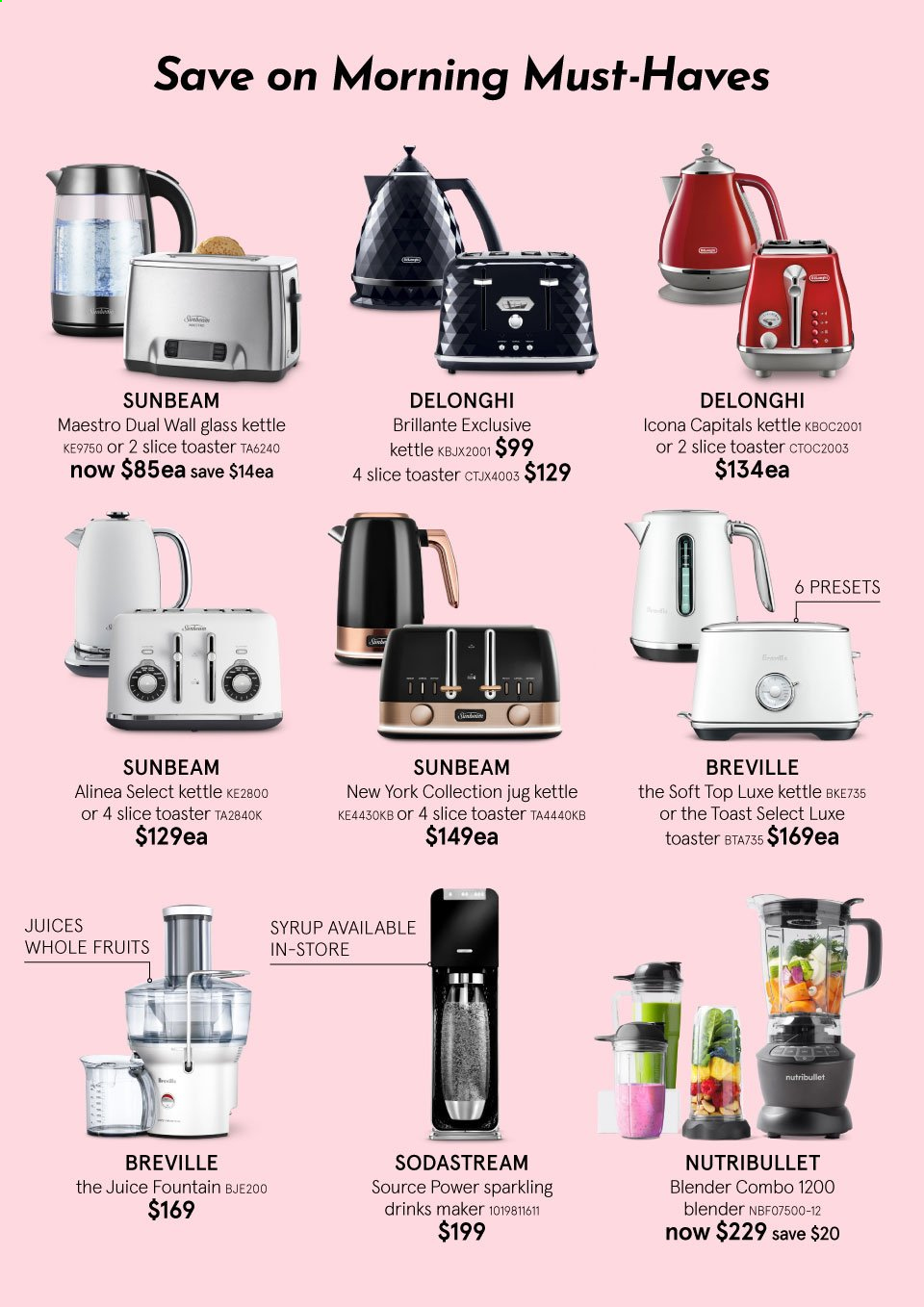 thumbnail - Myer Catalogue - Sales products - SodaStream, Sunbeam, De'Longhi, blender, NutriBullet, toaster. Page 4.