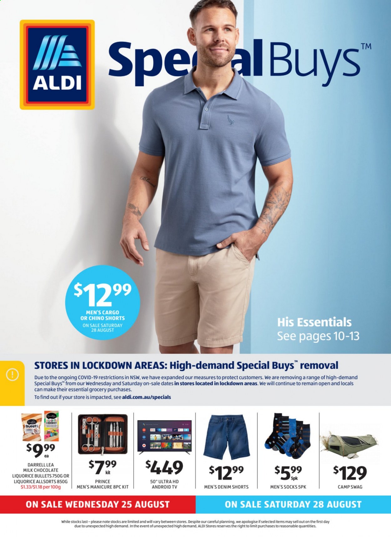 thumbnail - ALDI Catalogue - 25 Aug 2021 - 31 Aug 2021 - Sales products - milk chocolate, chocolate, manicure, shorts, socks, swag. Page 1.
