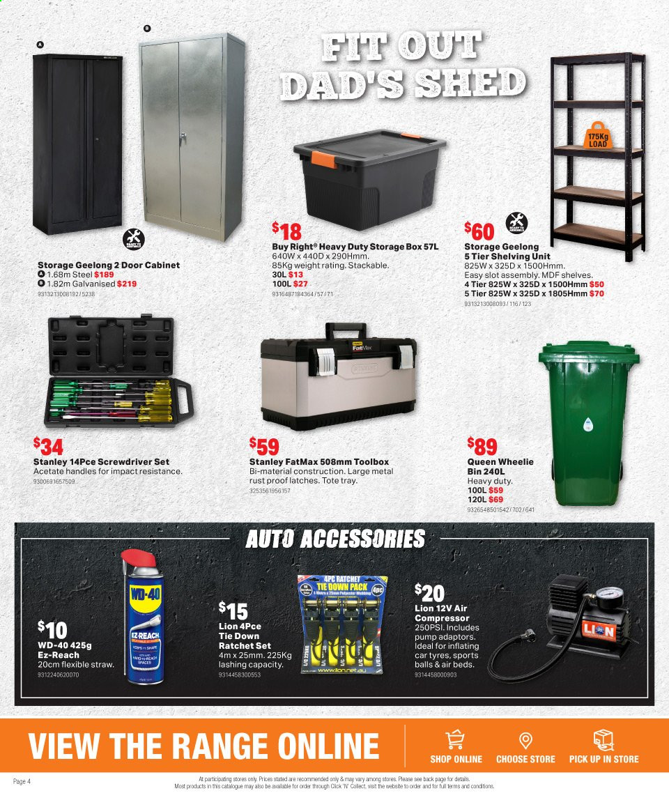 thumbnail - Mitre 10 Catalogue - 18 Aug 2021 - 5 Sep 2021 - Sales products - bin, wheelie bin, straw, Stanley, screwdriver, tool box, tote, screwdriver set, air compressor, cabinet, WD-40, shed, pump. Page 4.