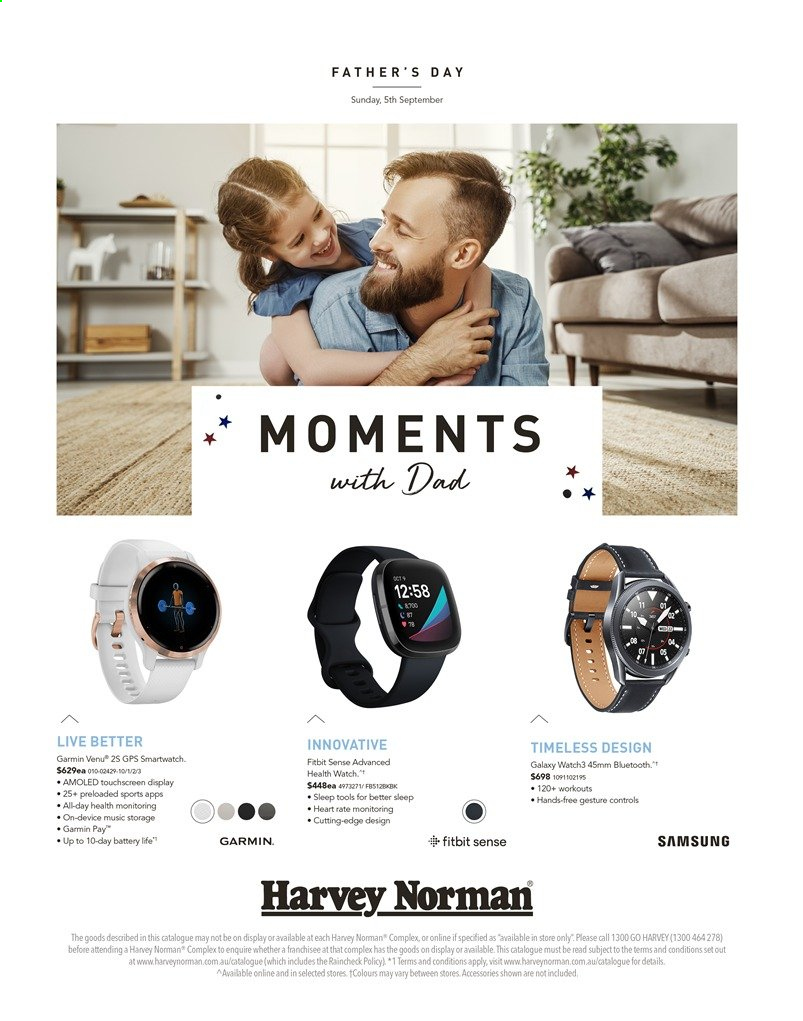 thumbnail - Harvey Norman Catalogue - 20 Aug 2021 - 5 Sep 2021 - Sales products - Moments, Samsung, Garmin, Fitbit, smart watch. Page 1.