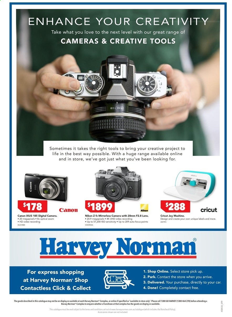 thumbnail - Harvey Norman Catalogue - 20 Aug 2021 - 5 Sep 2021 - Sales products - Canon, digital camera, lens, mirrorless camera, Nikon, camera. Page 1.