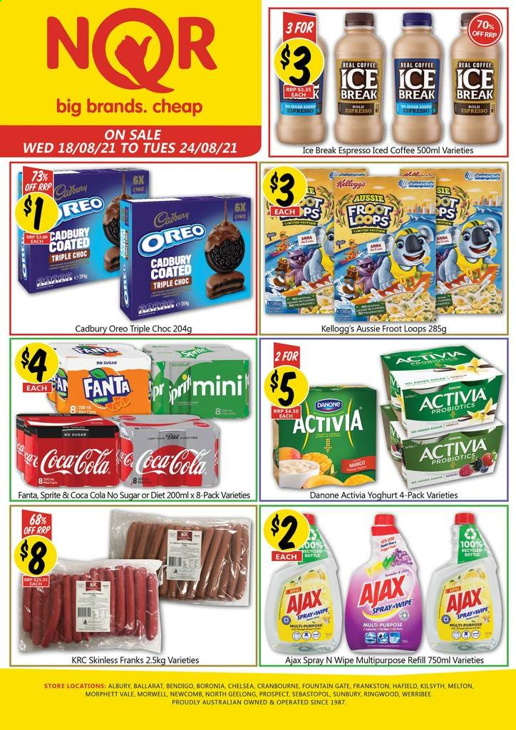 thumbnail - NQR Catalogue - 18 Aug 2021 - 24 Aug 2021 - Sales products - Oreo, yoghurt, Danone, Activia, Kellogg's, Cadbury, Coca-Cola, Sprite, Fanta, iced coffee, Ajax, Aussie, probiotics. Page 1.